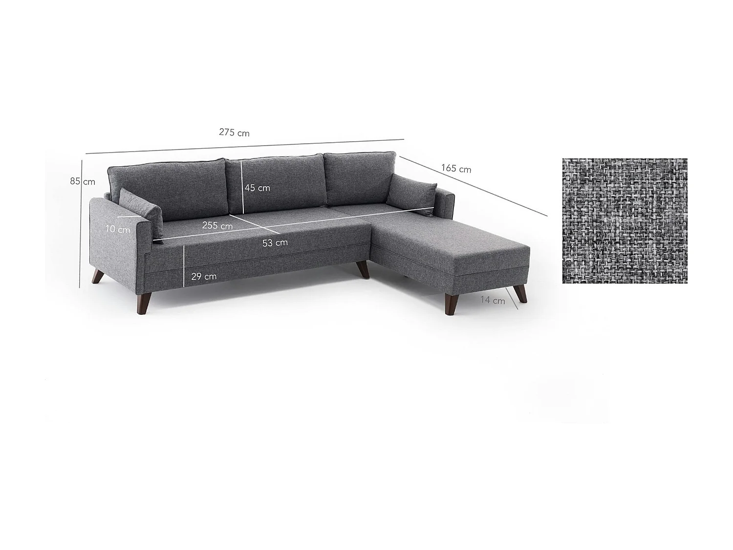 Canapé d'angle gris - 275 cm, côté droit SPLIT