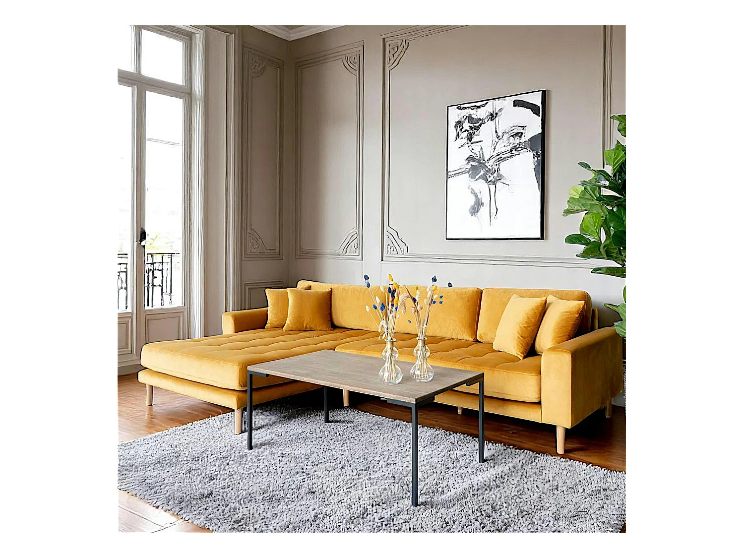 Canapé d'angle moutarde en velours - côté gauche, AMSTERDAM