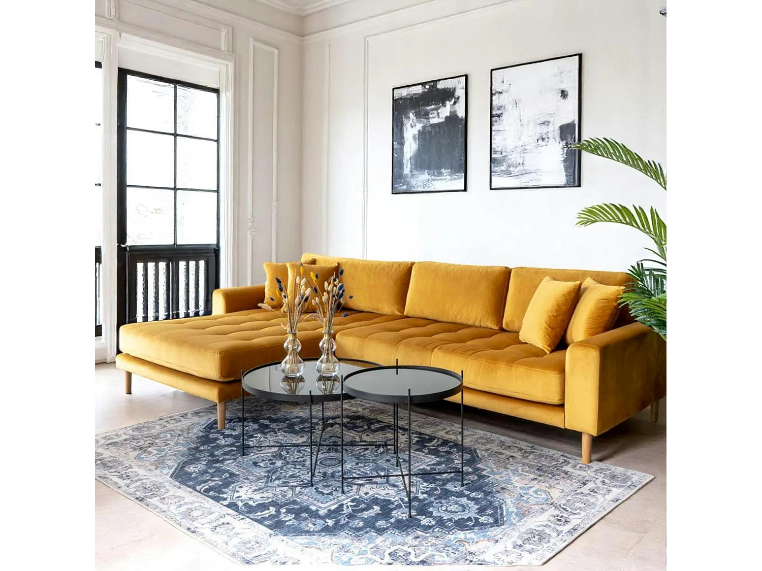 Canapé d'angle moutarde en velours - côté gauche, AMSTERDAM