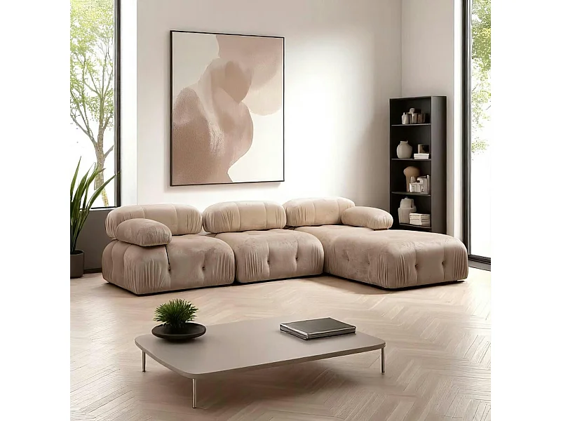 Canapé d'angle modulable beige - tissu velours RONDA