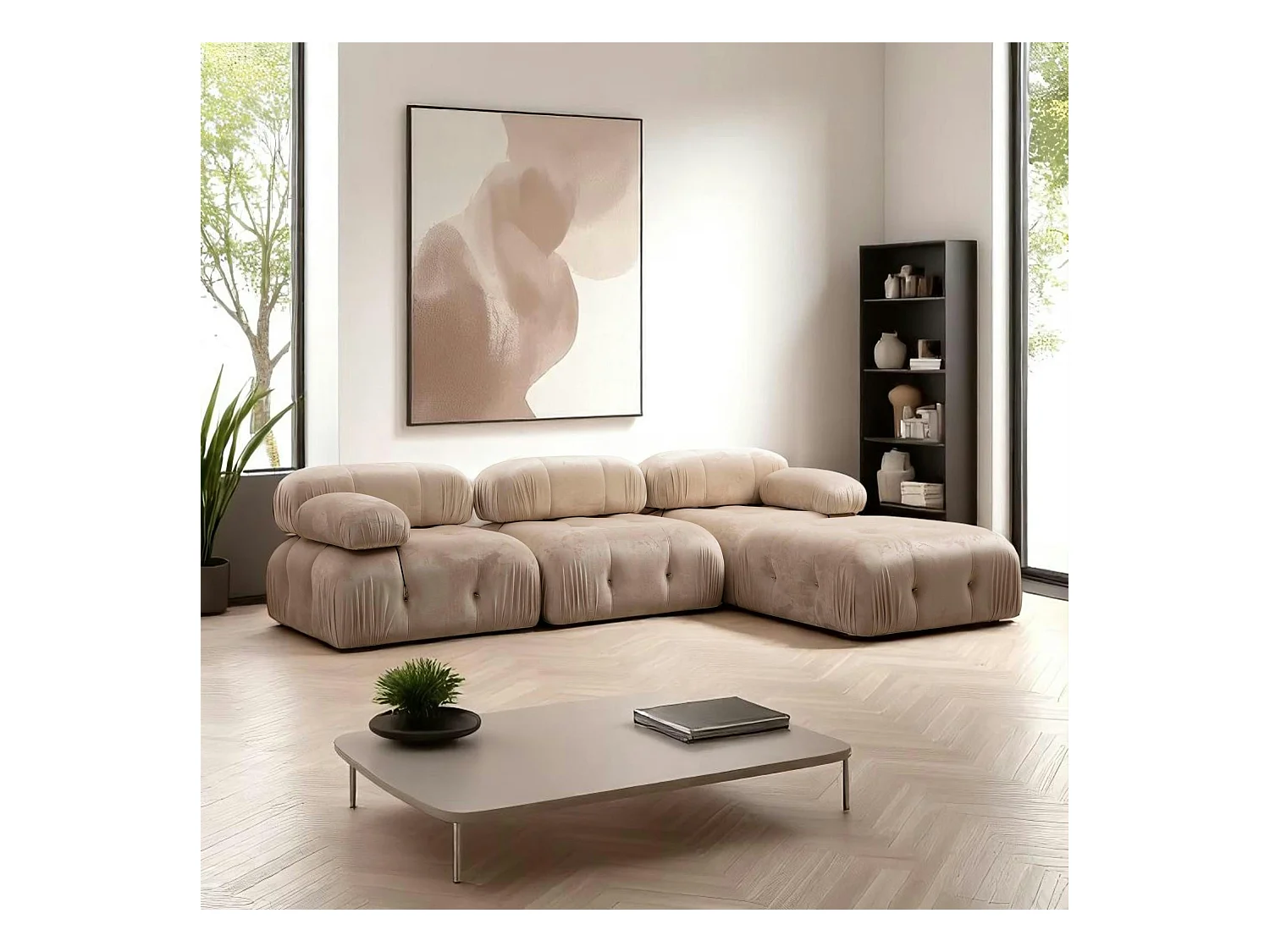 Canapé d'angle modulable beige - tissu velours RONDA