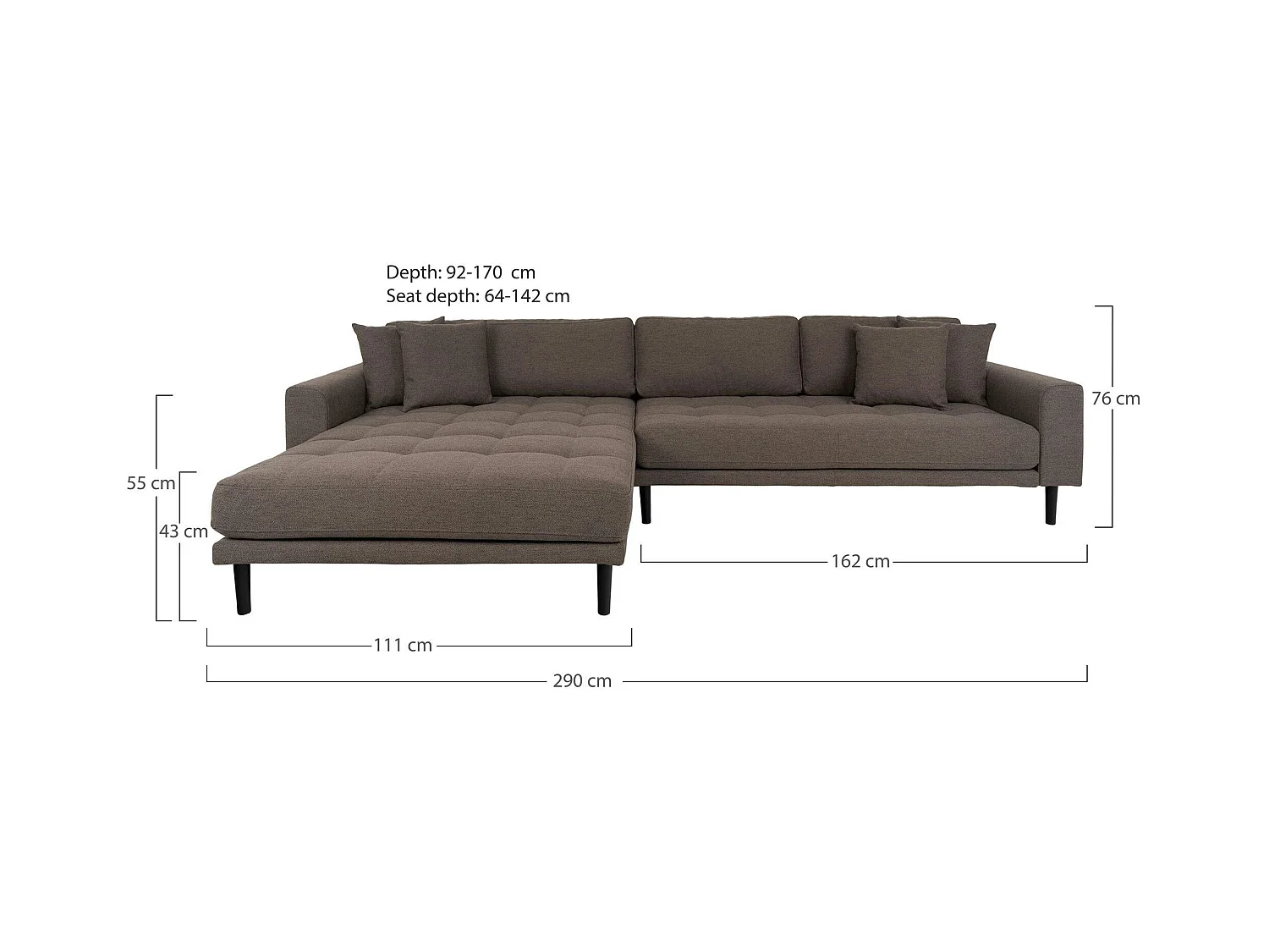 Canapé d'angle marron - côté gauche, 290 cm AMSTERDAM