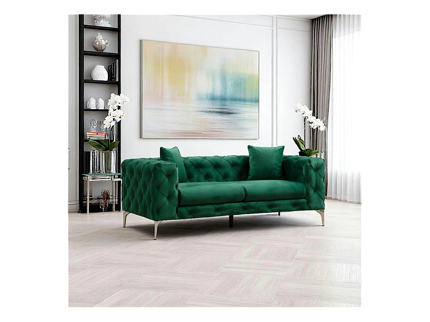 Canapé 2 places vert en velours capitonné DOVER