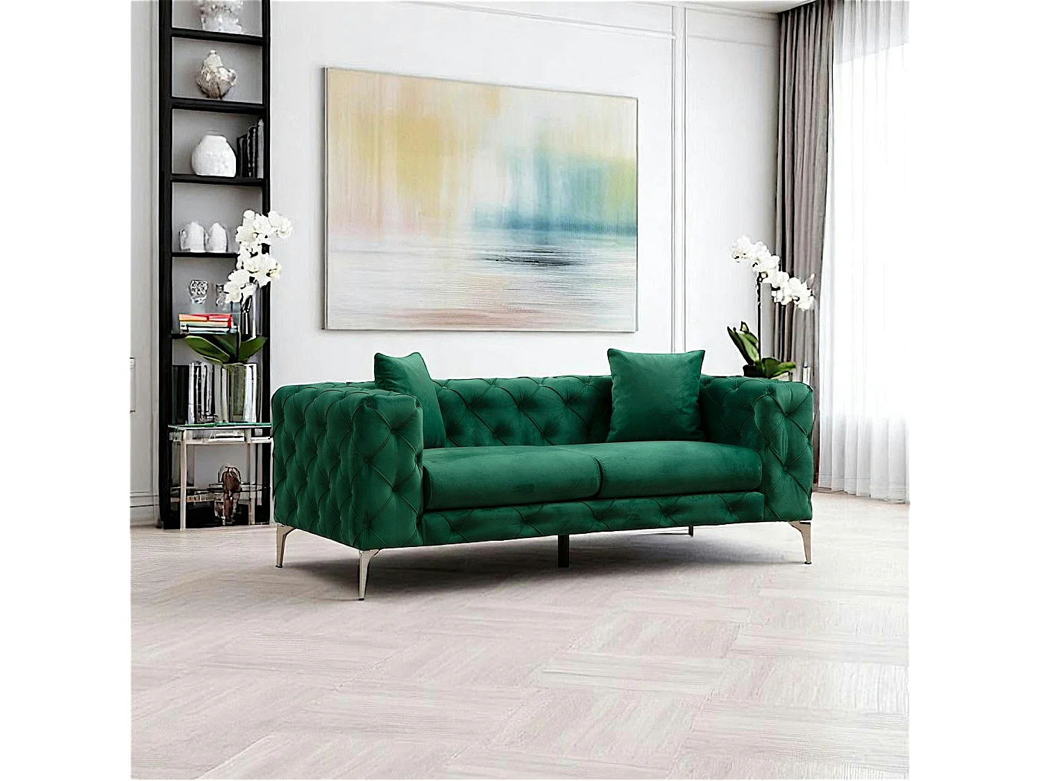 Canapé 2 places vert en velours capitonné DOVER