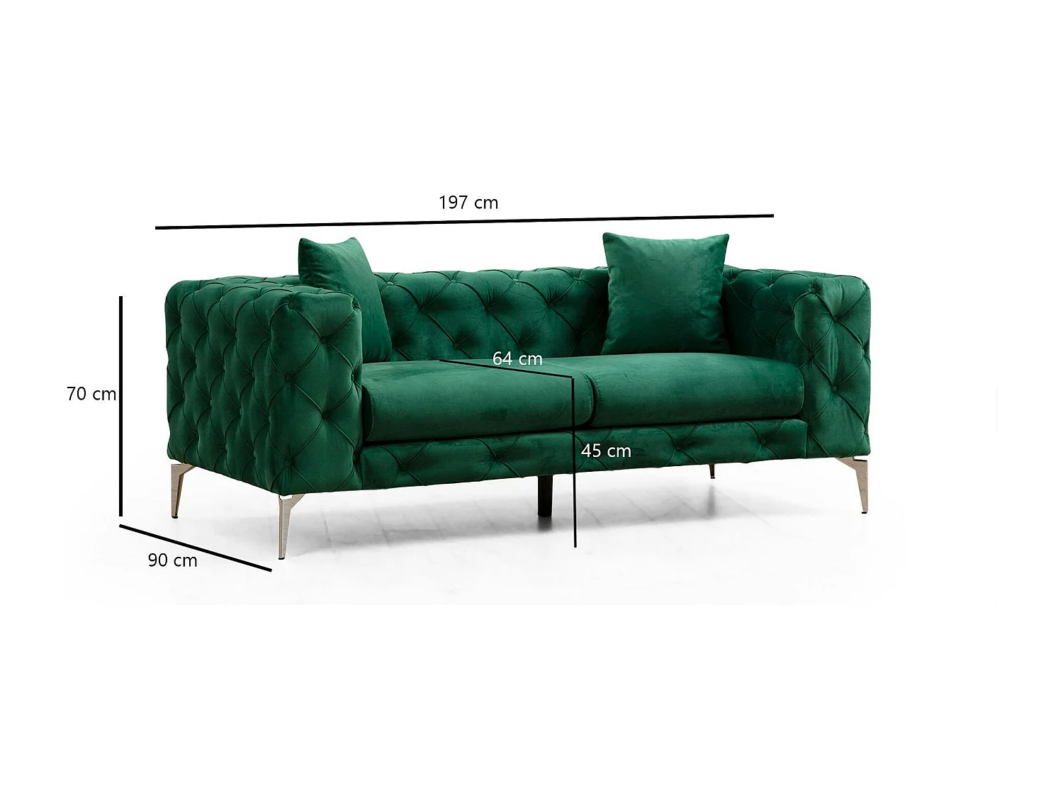 Canapé 2 places vert en velours capitonné DOVER