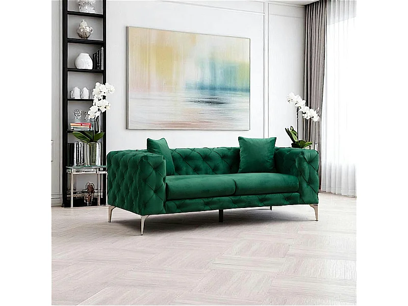 Canapé 2 places vert en velours capitonné DOVER
