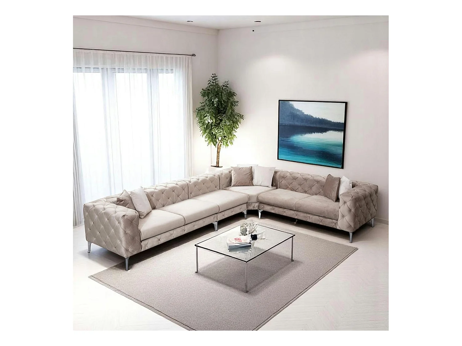 Canapé d'angle beige en velours capitonné - côté droit DOVER