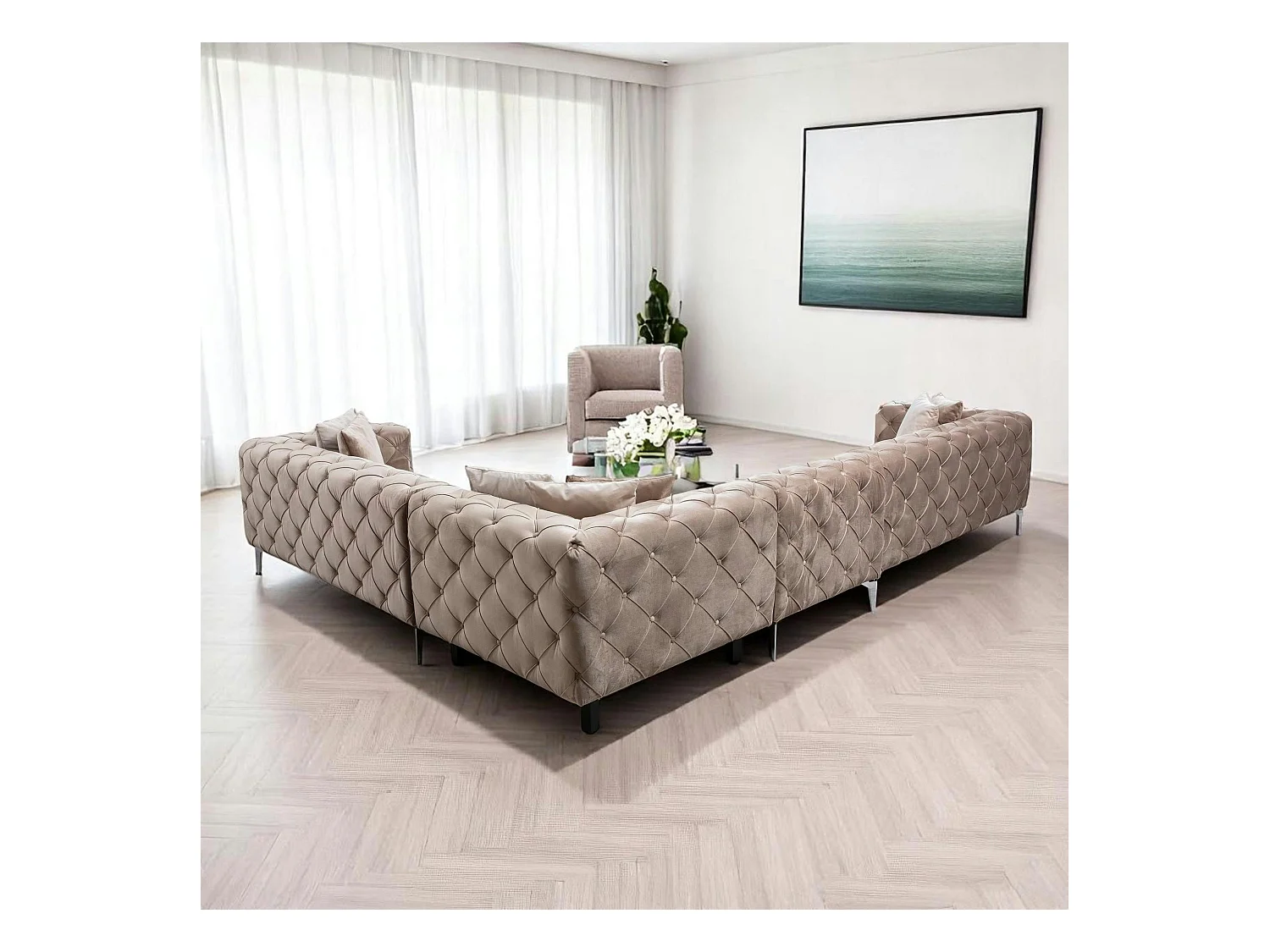 Canapé d'angle beige en velours capitonné - côté droit DOVER