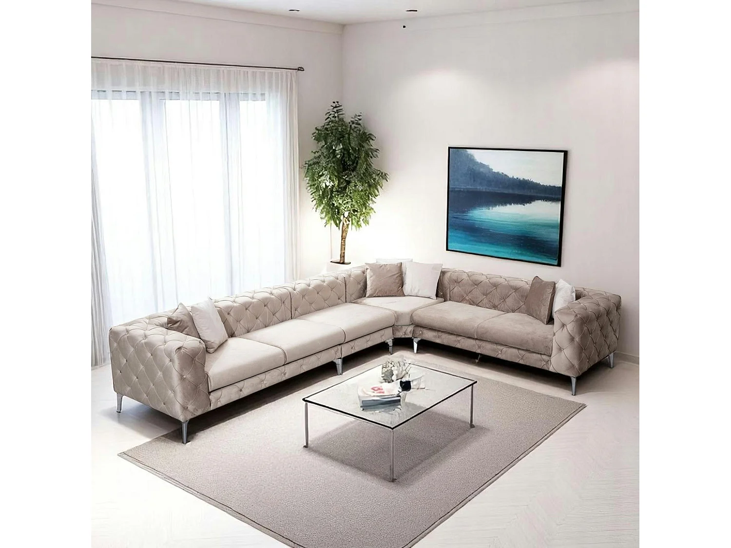 Canapé d'angle beige en velours capitonné - côté droit DOVER