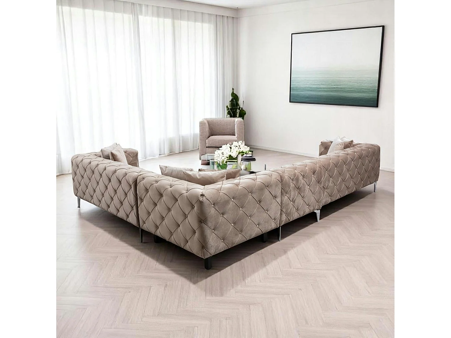 Canapé d'angle beige en velours capitonné - côté droit DOVER