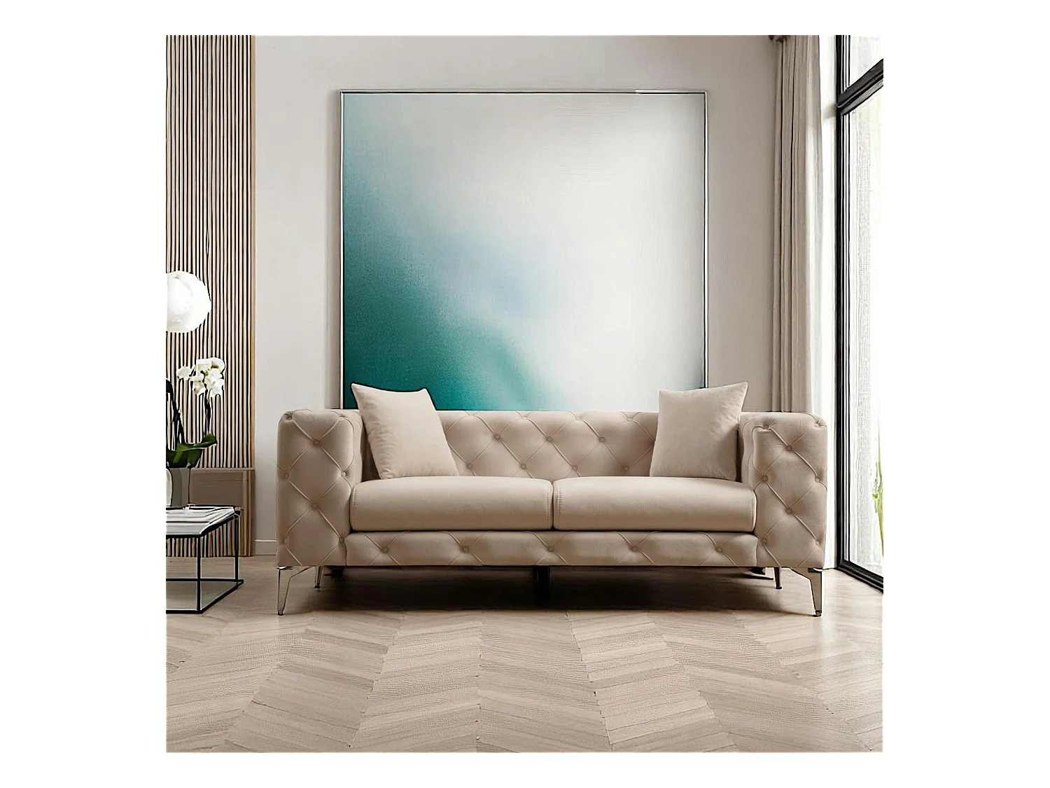 Canapé 2 places beige en velours capitonné DOVER