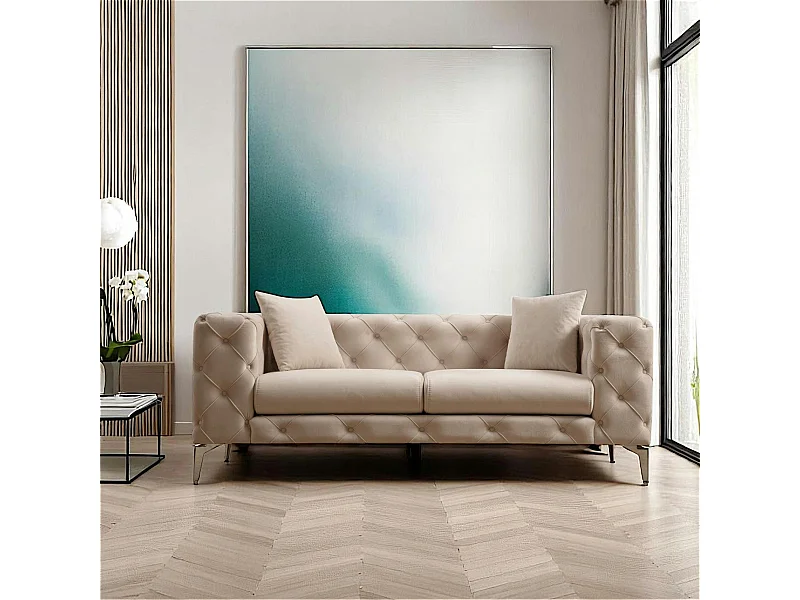 Canapé 2 places beige en velours capitonné DOVER