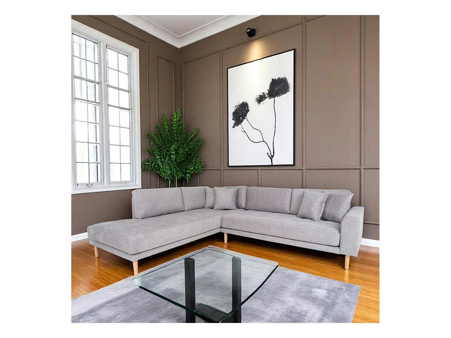 Canapé d'angle gris clair - pieds bois, côté gauche AMSTERDAM