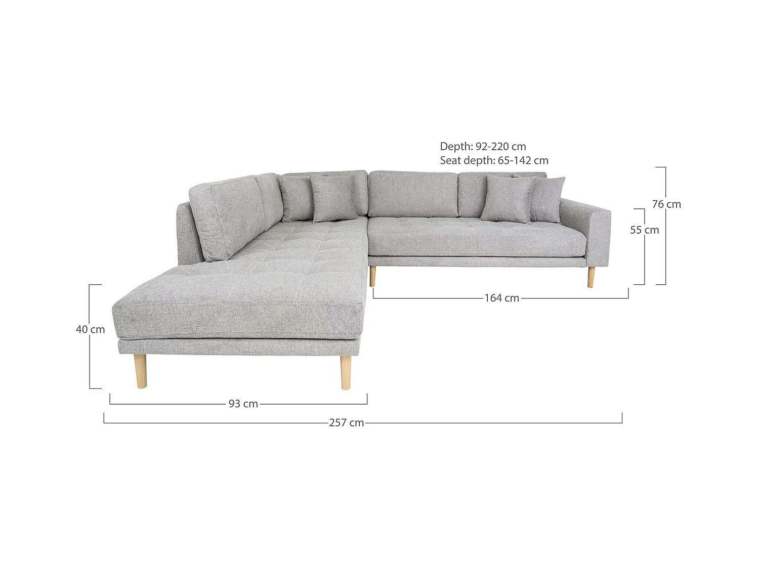 Canapé d'angle gris clair - pieds bois, côté gauche AMSTERDAM