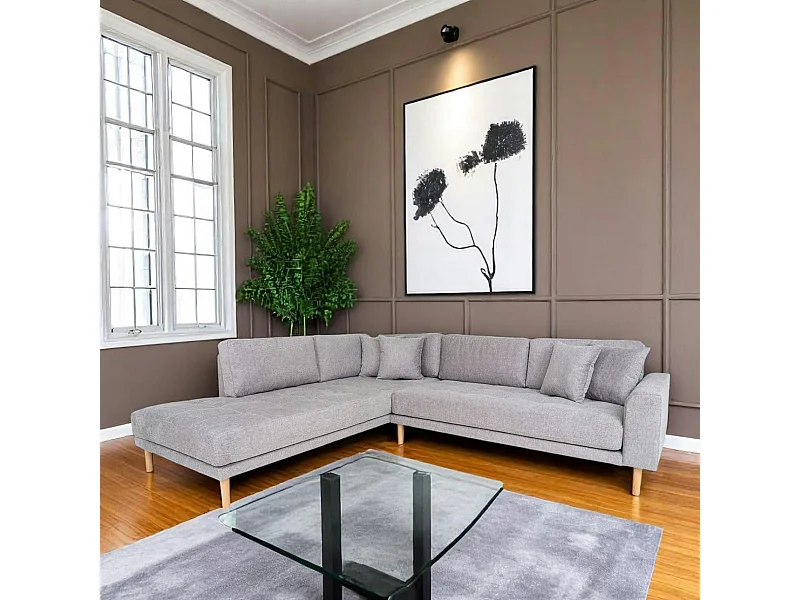 Canapé d'angle gris clair - pieds bois, côté gauche AMSTERDAM