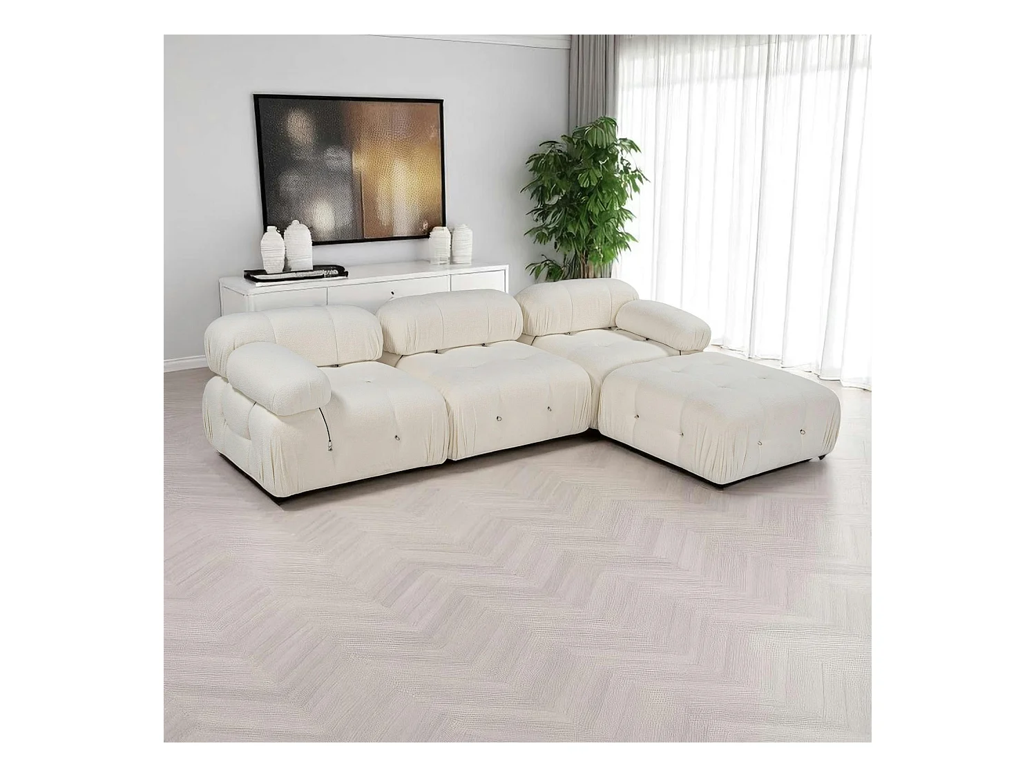 Canapé d'angle modulable écru - tissu bouclette RONDA