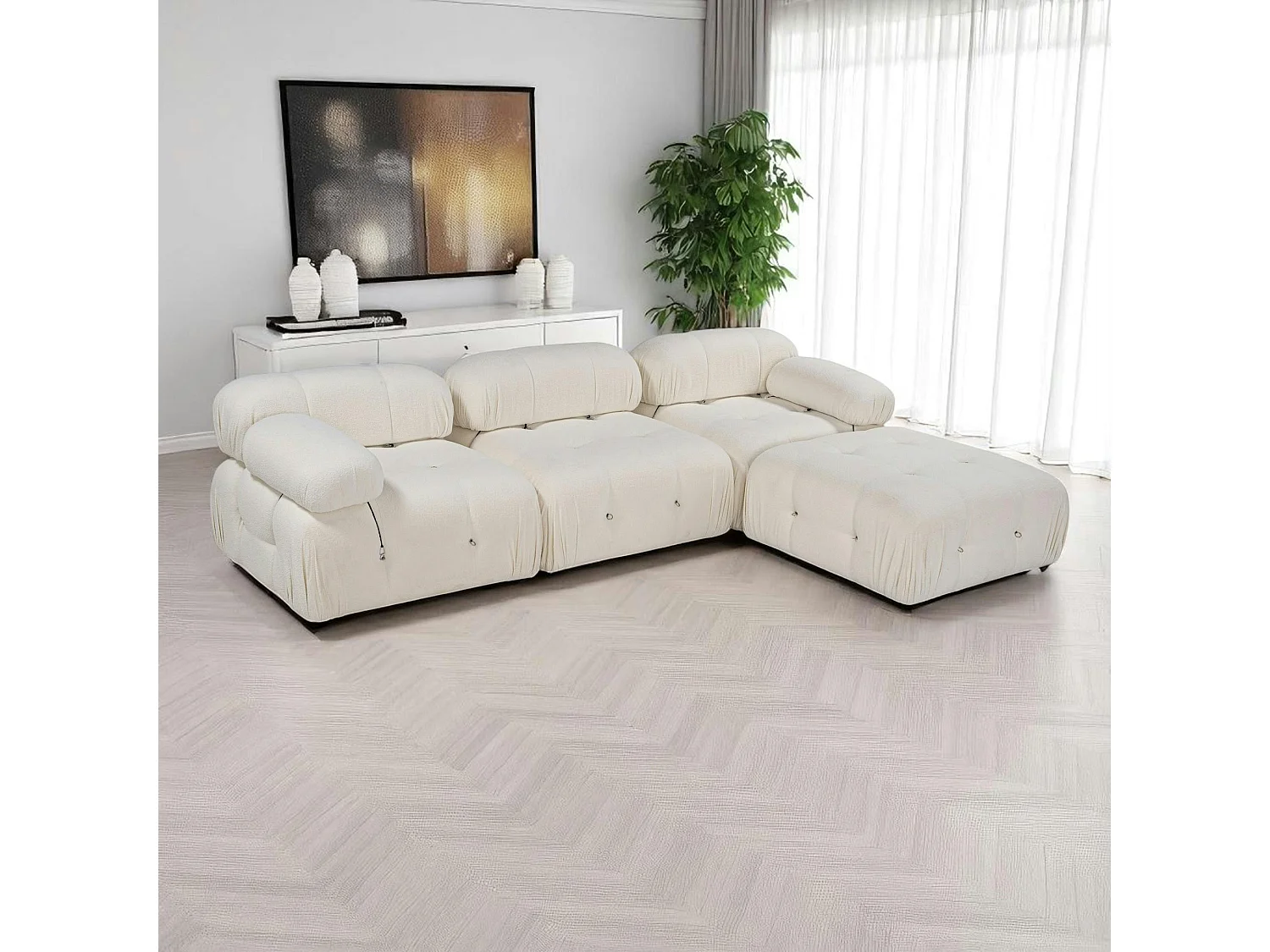 Canapé d'angle modulable écru - tissu bouclette RONDA