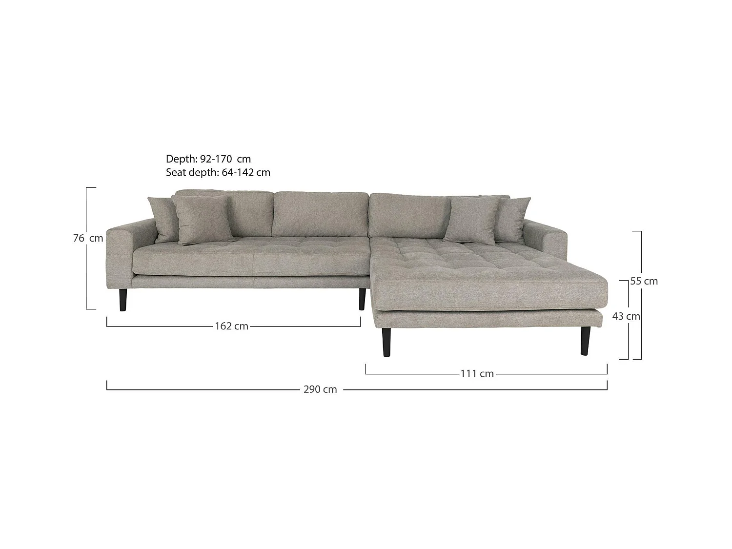 Canapé d'angle gris minéral - côté droit, 290 cm AMSTERDAM
