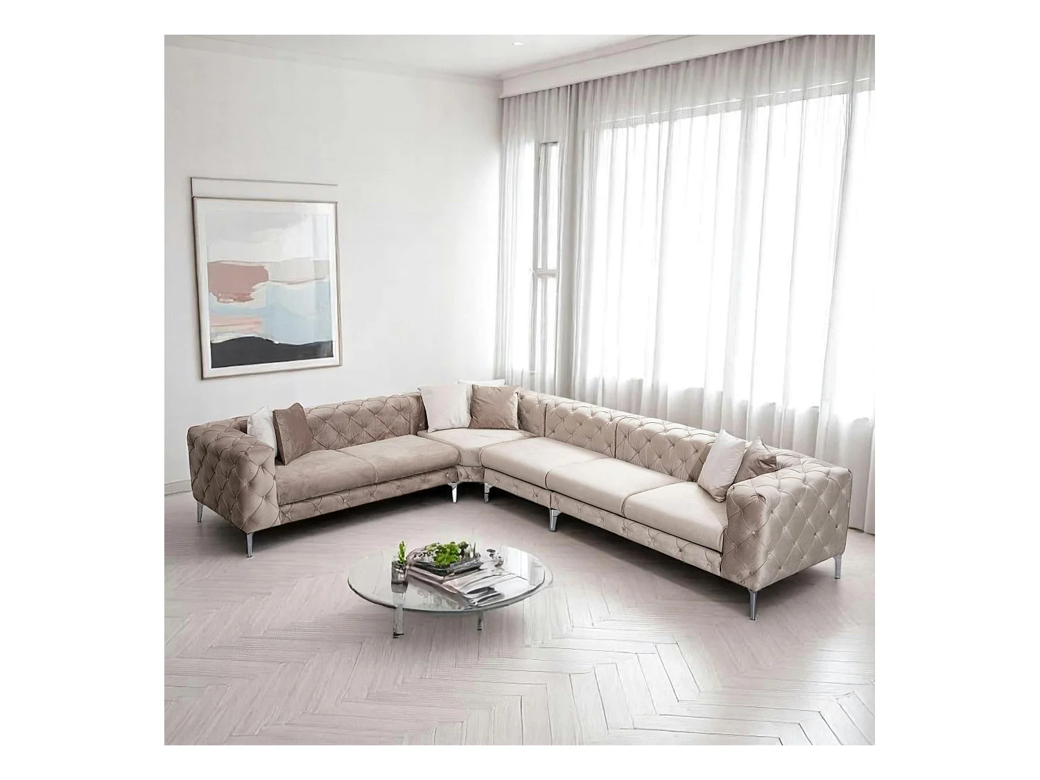 Canapé d'angle beige en velours capitonné - côté gauche DOVER