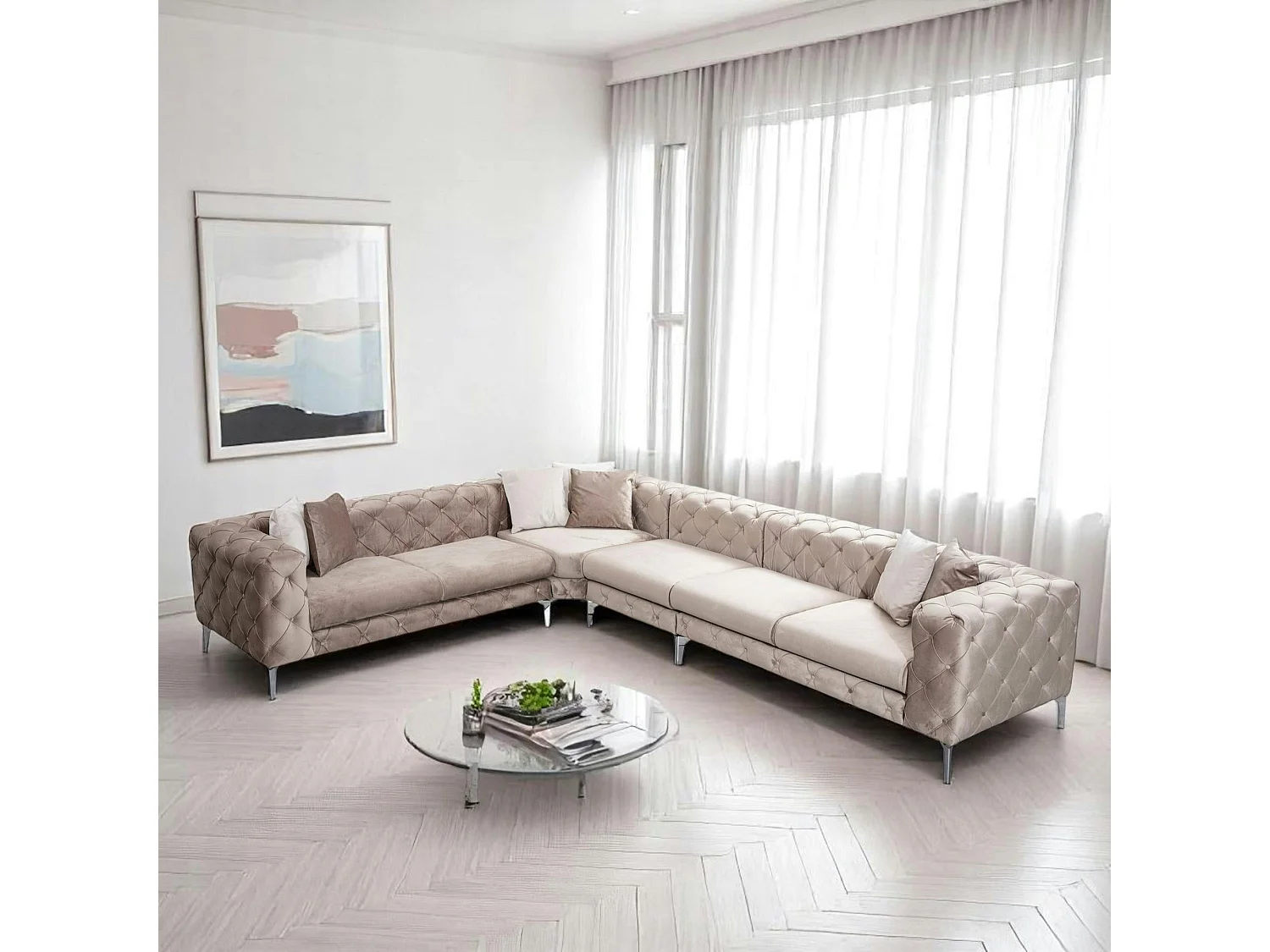 Canapé d'angle beige en velours capitonné - côté gauche DOVER