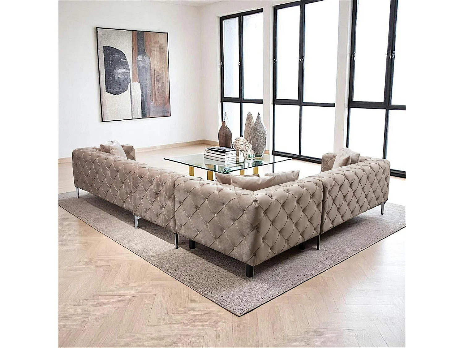 Canapé d'angle beige en velours capitonné - côté gauche DOVER