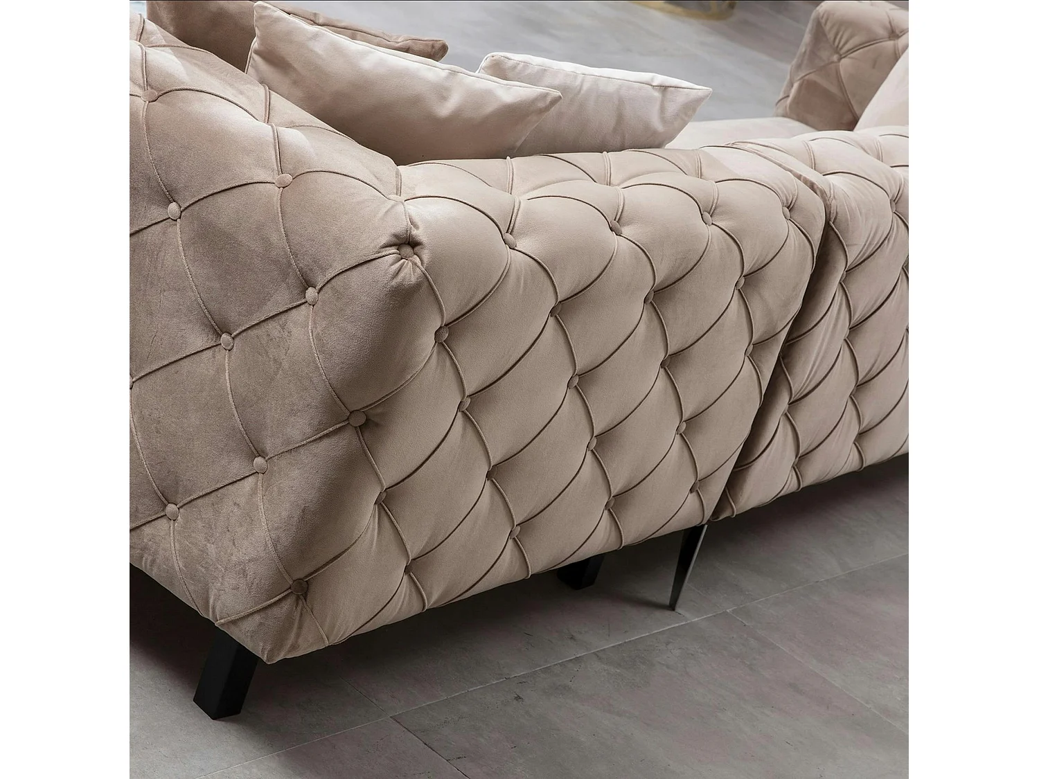 Canapé d'angle beige en velours capitonné - côté gauche DOVER