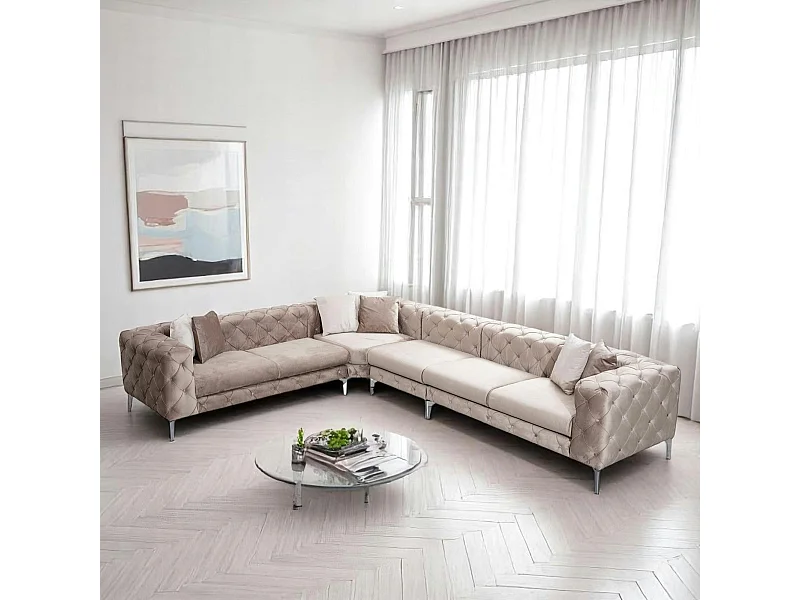 Canapé d'angle beige en velours capitonné - côté gauche DOVER