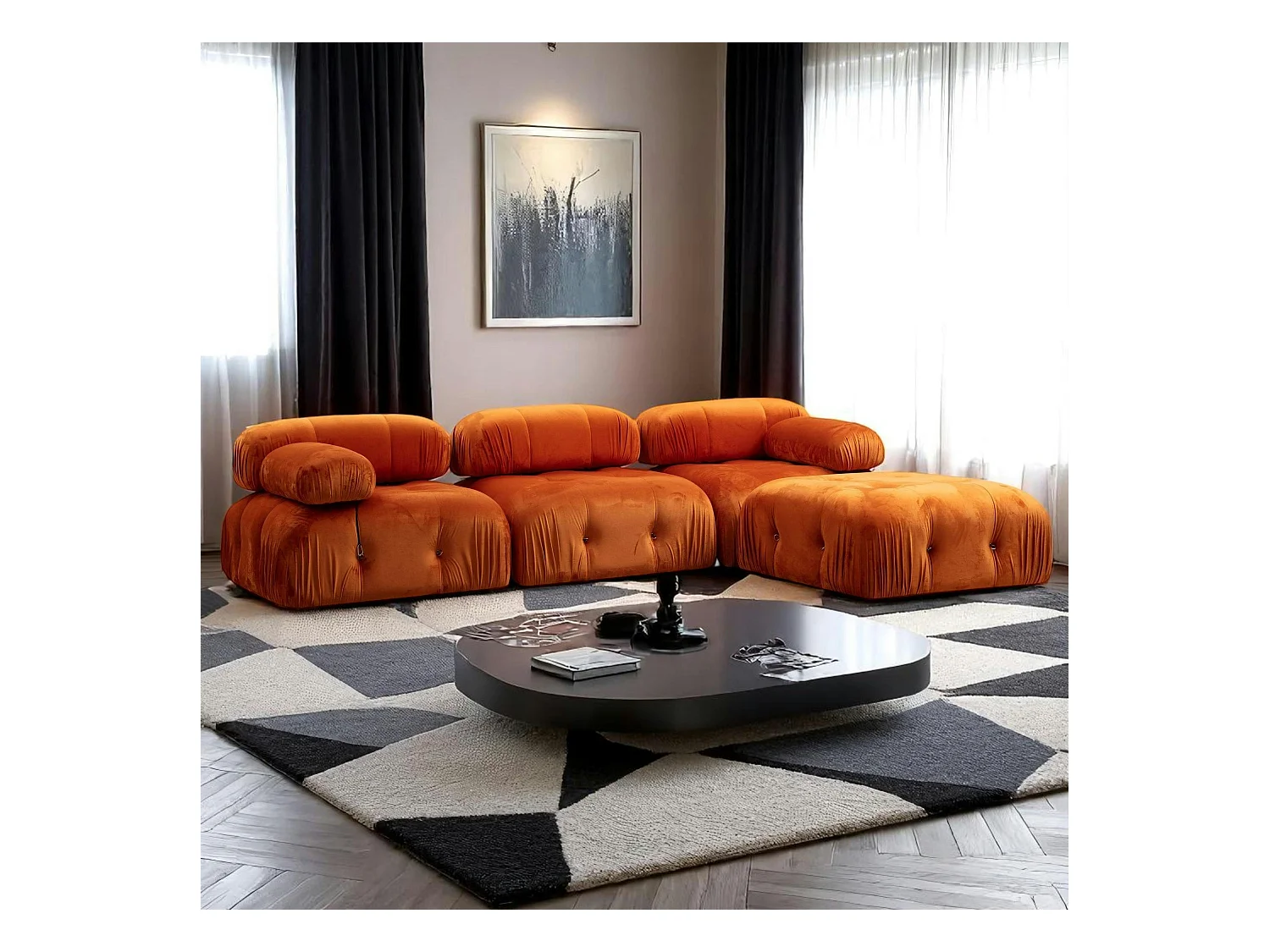 Canapé d'angle modulable orange - tissu velours RONDA