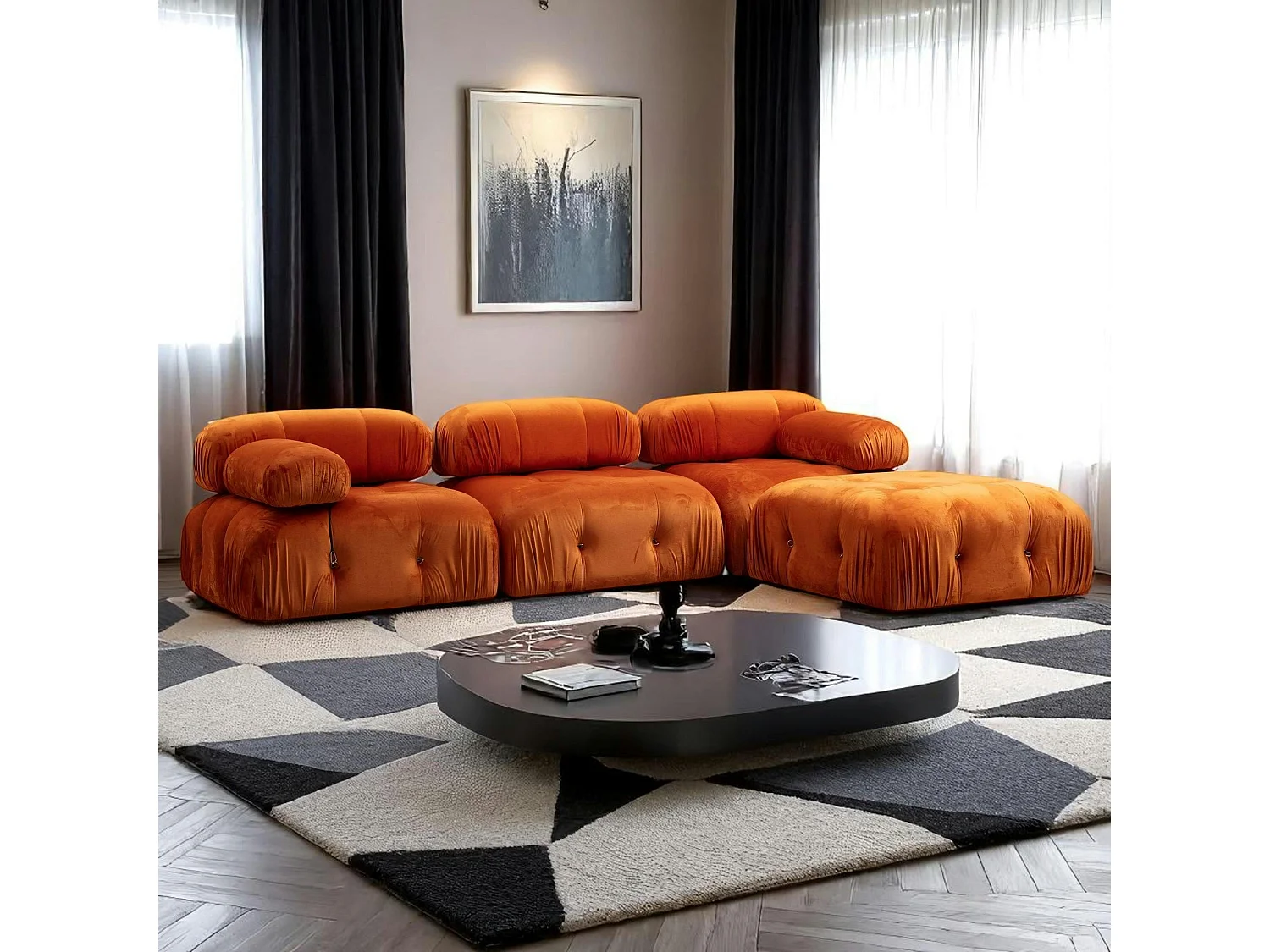 Canapé d'angle modulable orange - tissu velours RONDA