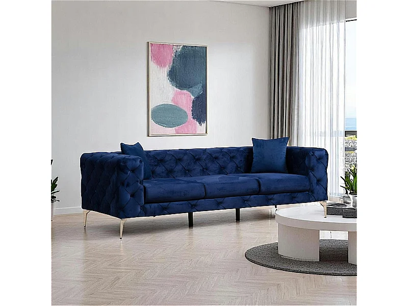 Canapé 3 places bleu nuit en velours capitonné DOVER