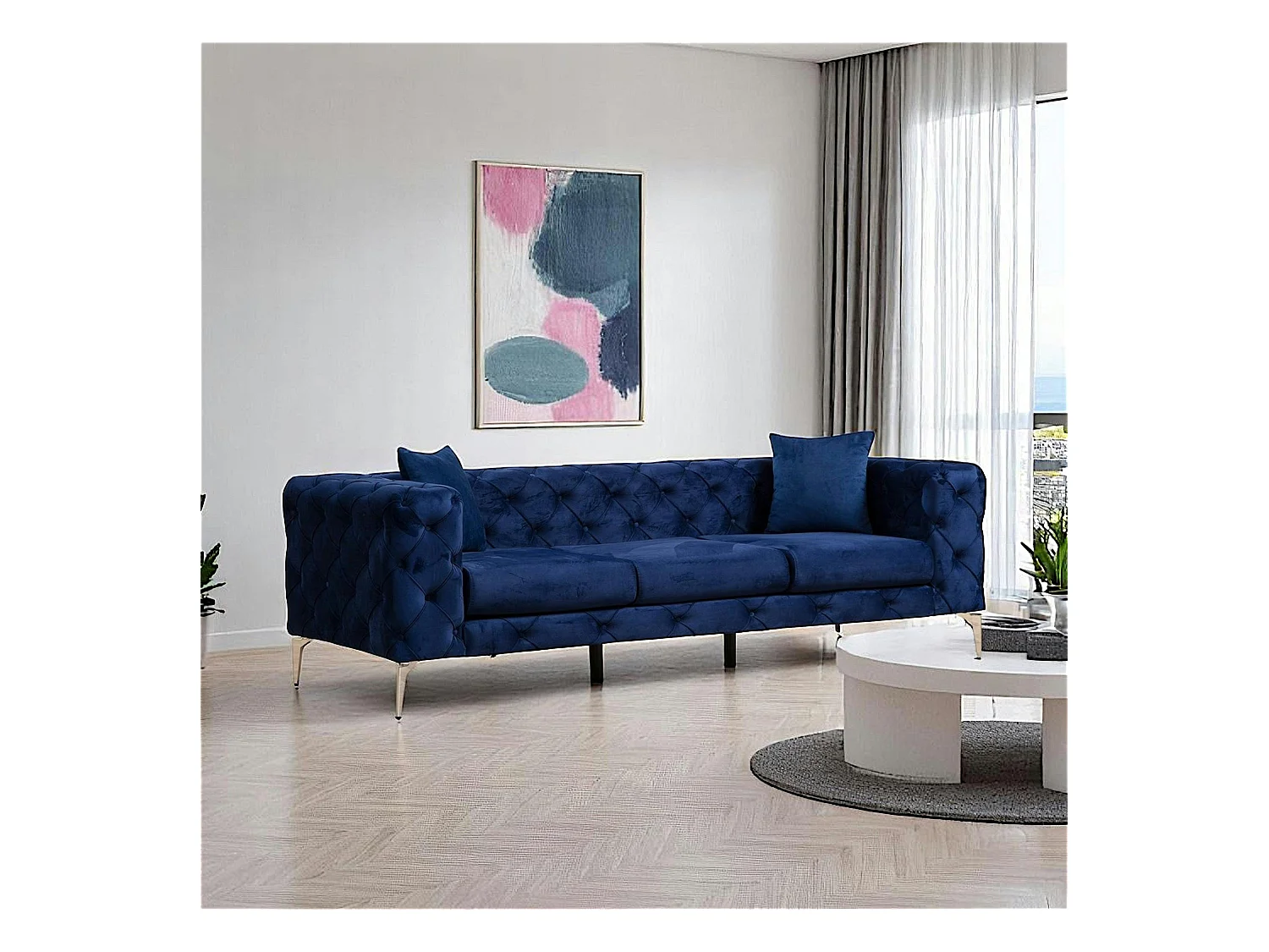 Canapé 3 places bleu nuit en velours capitonné DOVER