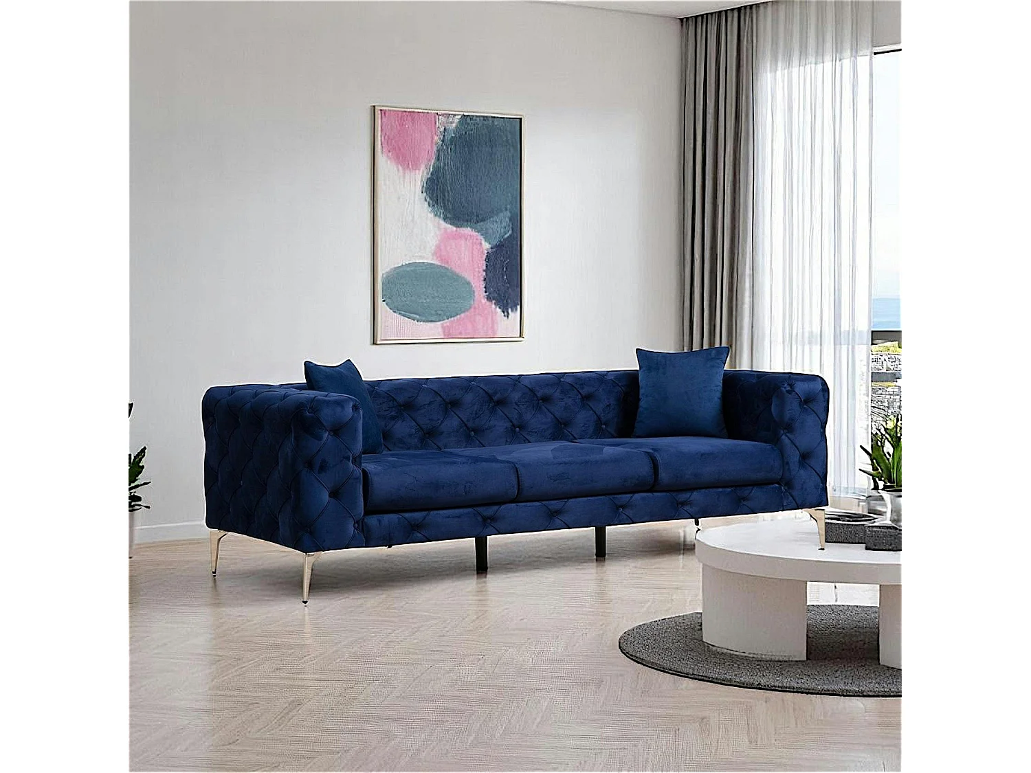 Canapé 3 places bleu nuit en velours capitonné DOVER