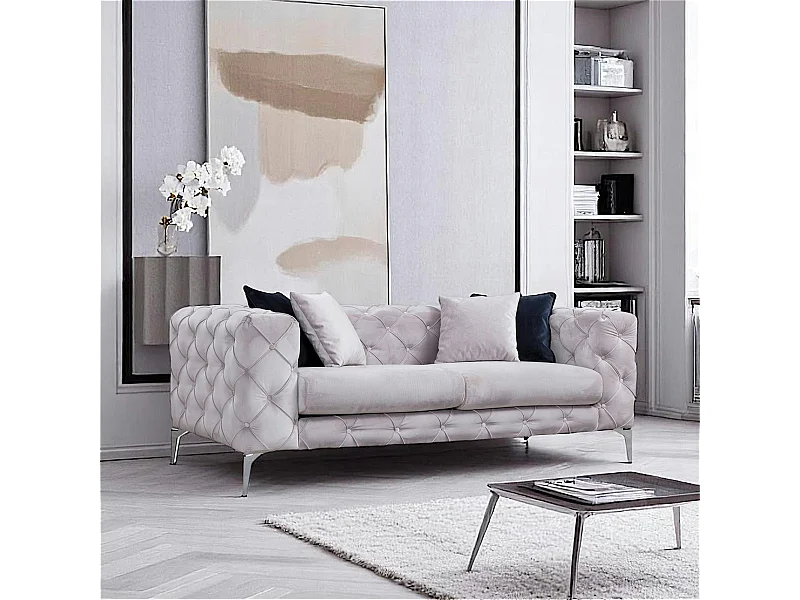 Canapé 2 places gris clair en velours capitonné DOVER