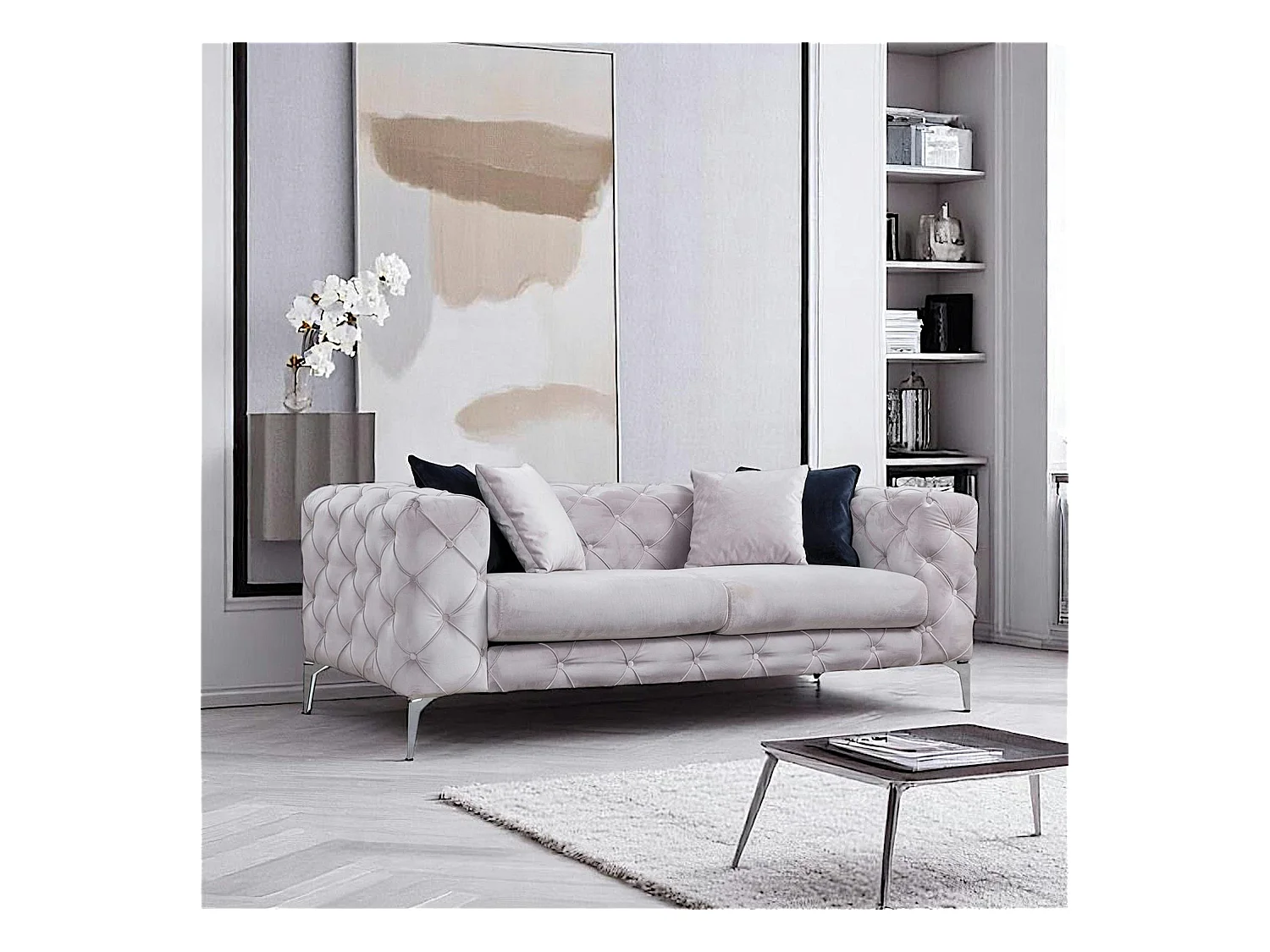 Canapé 2 places gris clair en velours capitonné DOVER