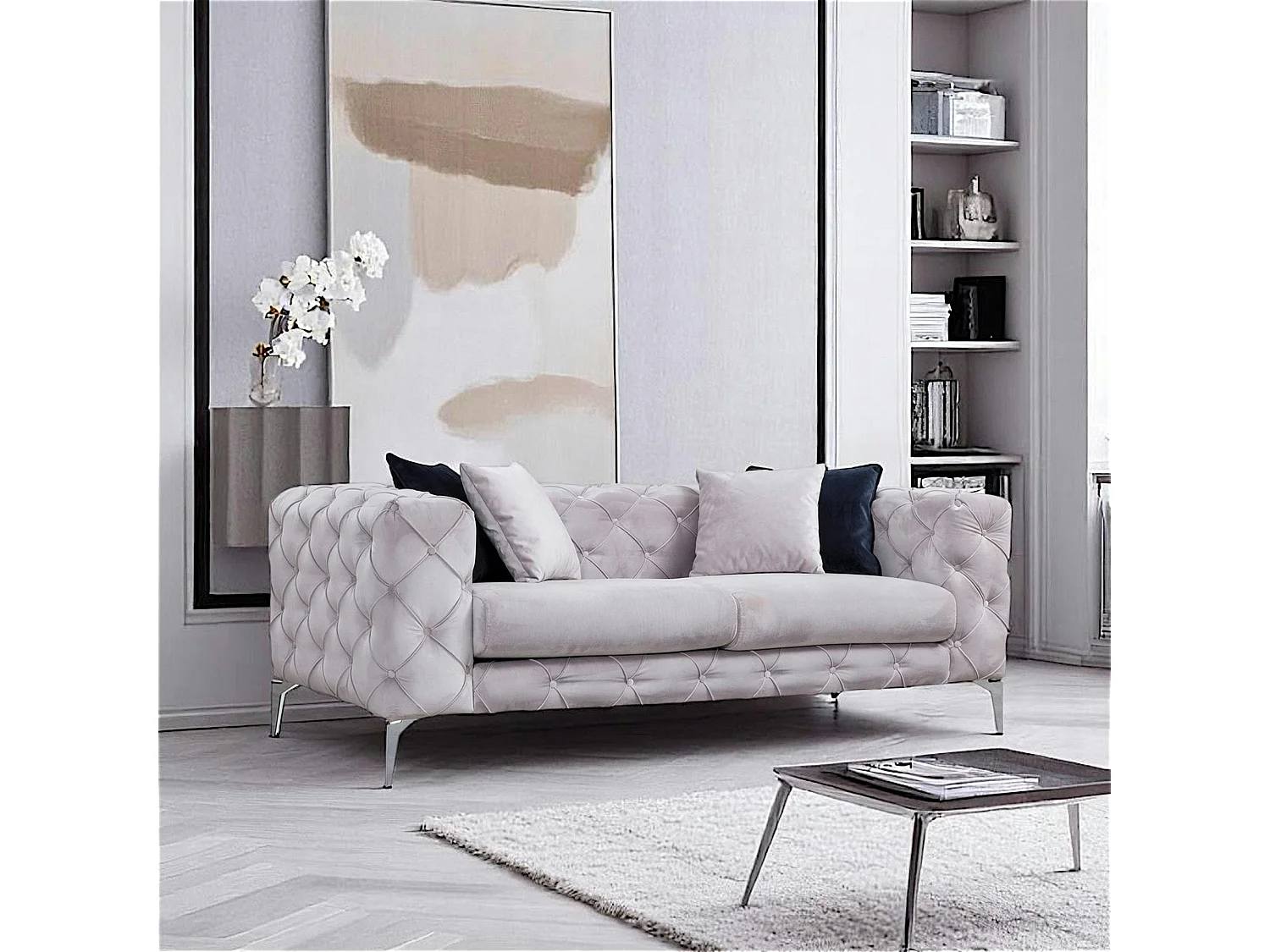 Canapé 2 places gris clair en velours capitonné DOVER