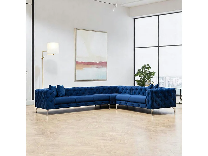Canapé d'angle bleu nuit en velours capitonné - côté droit DOVER