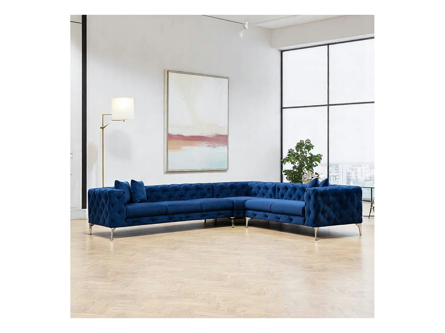 Canapé d'angle bleu nuit en velours capitonné - côté droit DOVER