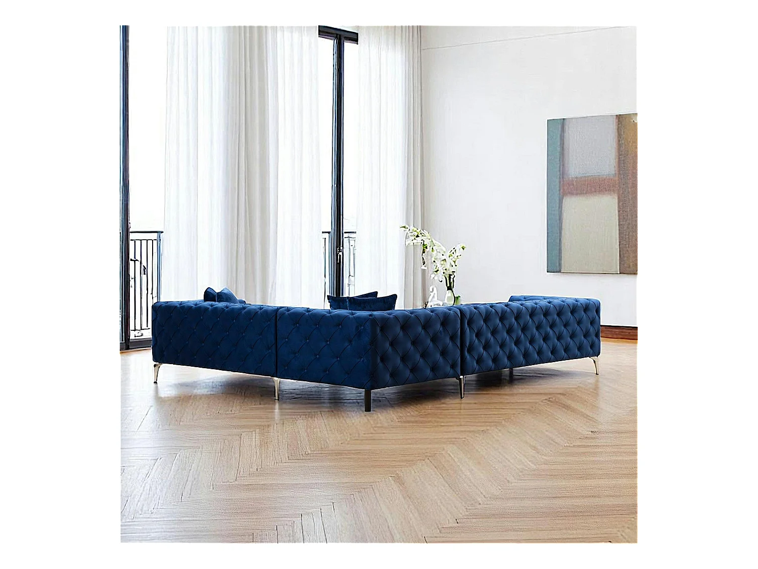 Canapé d'angle bleu nuit en velours capitonné - côté droit DOVER