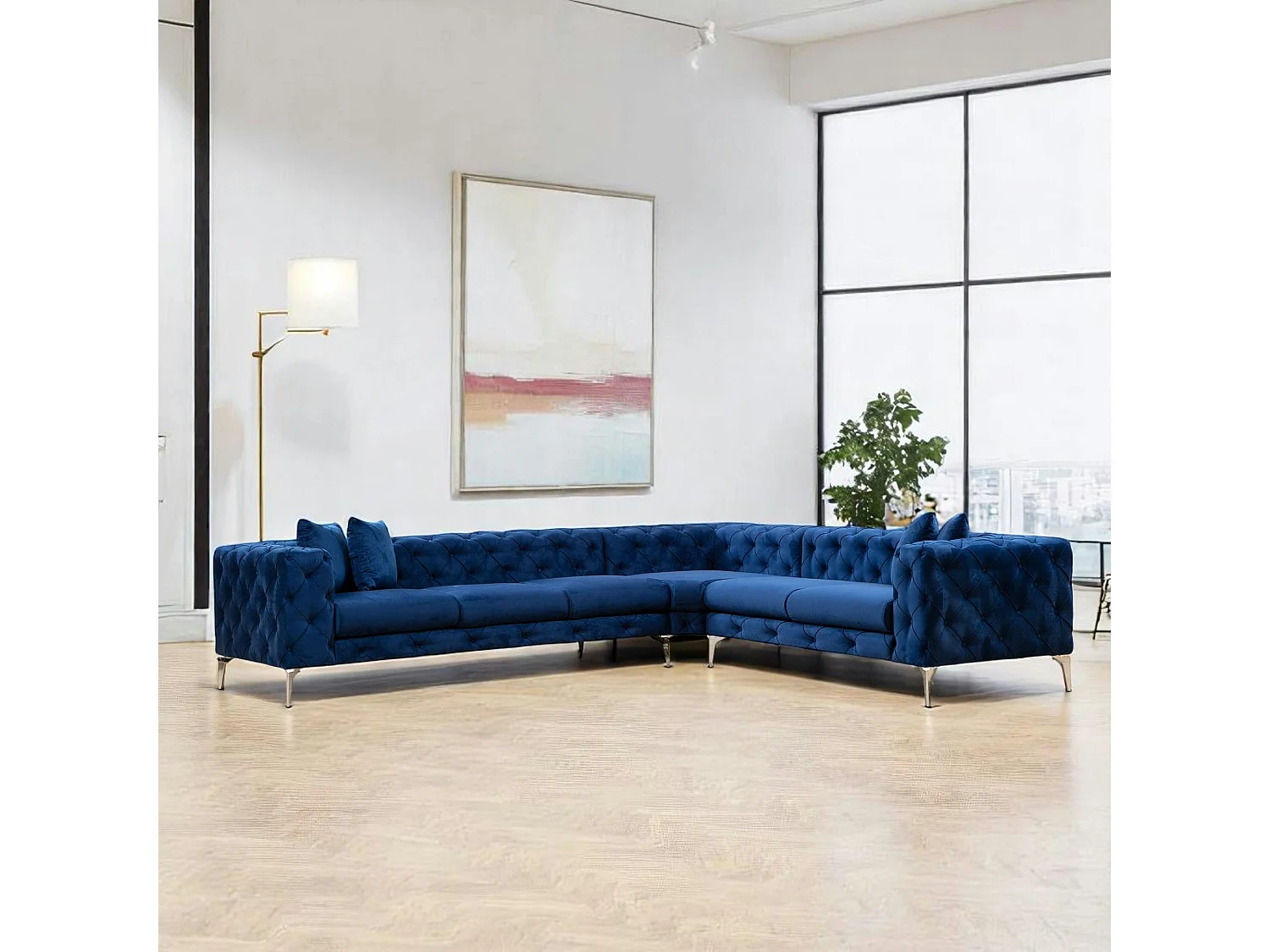 Canapé d'angle bleu nuit en velours capitonné - côté droit DOVER