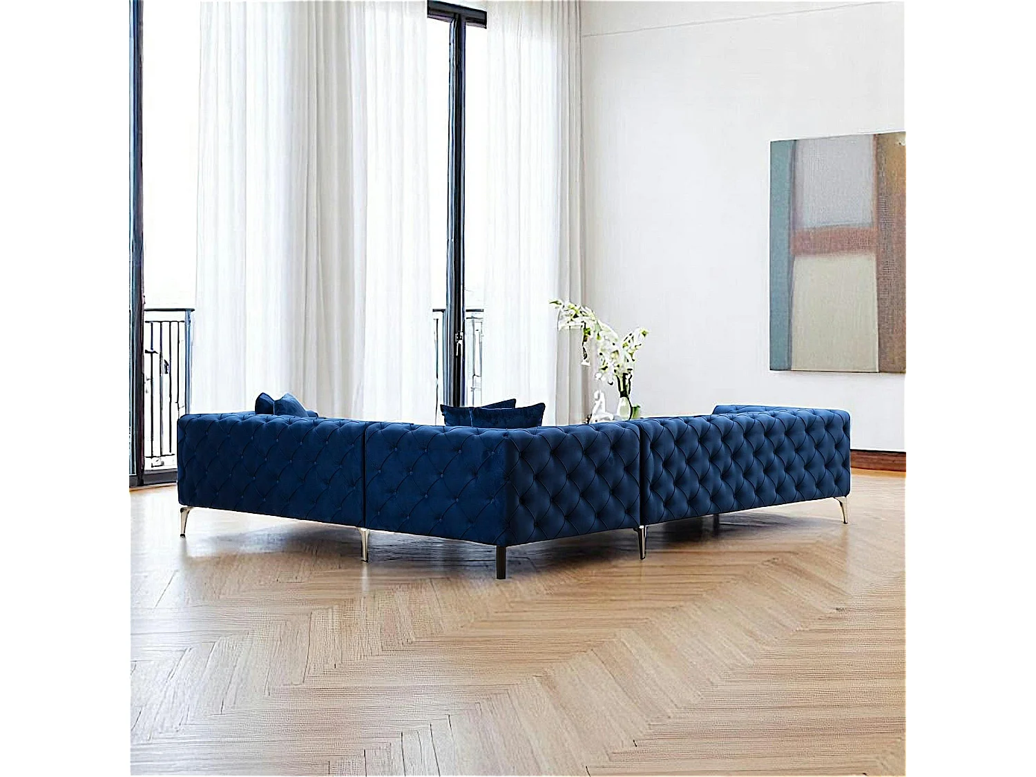 Canapé d'angle bleu nuit en velours capitonné - côté droit DOVER