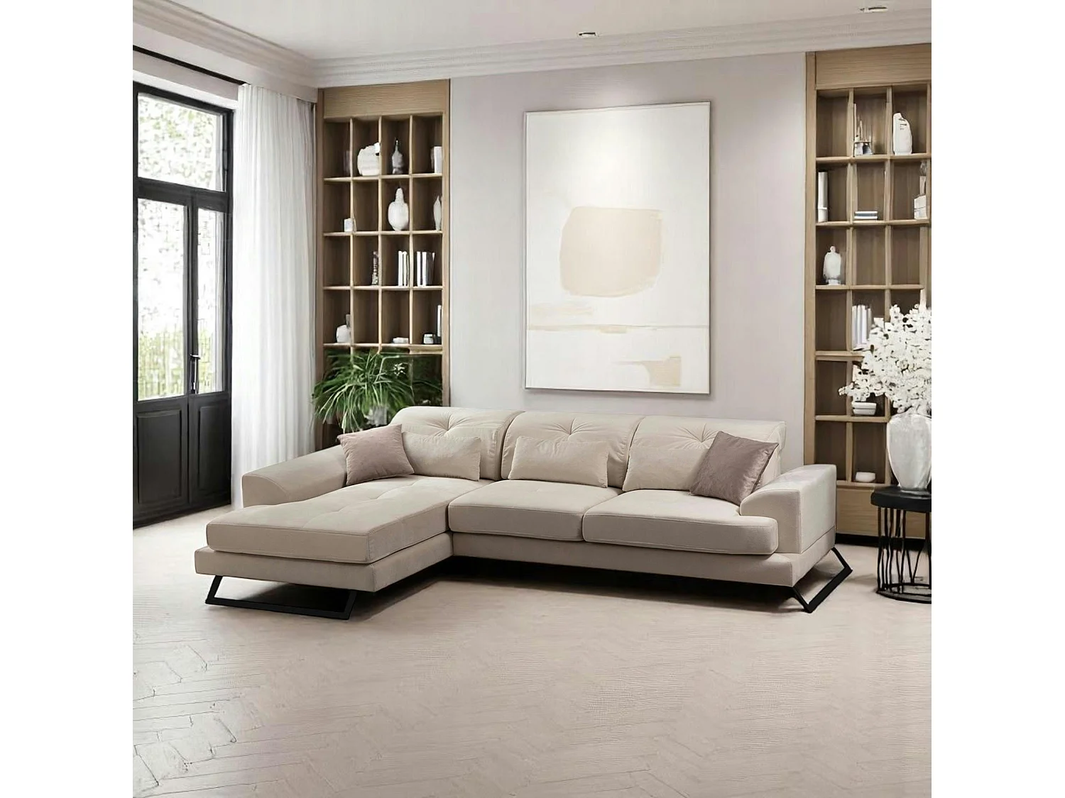 Canapé d'angle écru - dossier inclinable, côté gauche MILO