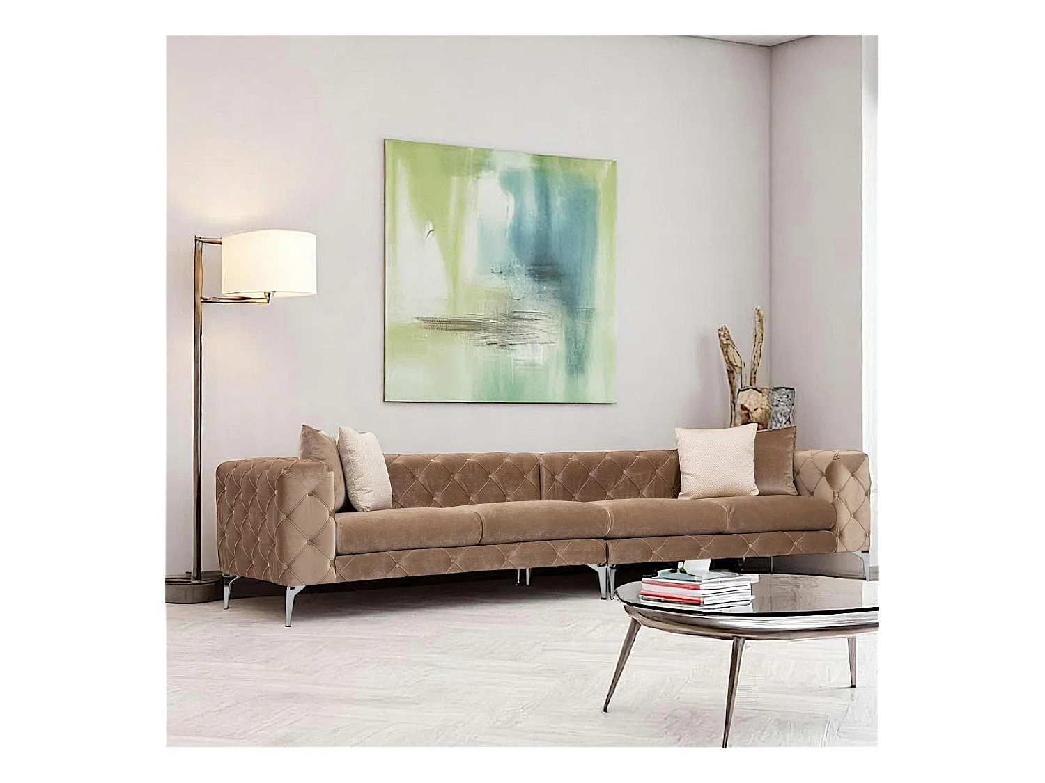 Grand canapé 4 places beige en velours capitonné DOVER