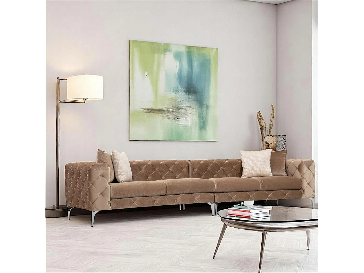 Grand canapé 4 places beige en velours capitonné DOVER