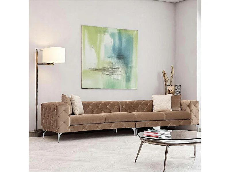 Grand canapé 4 places beige en velours capitonné DOVER