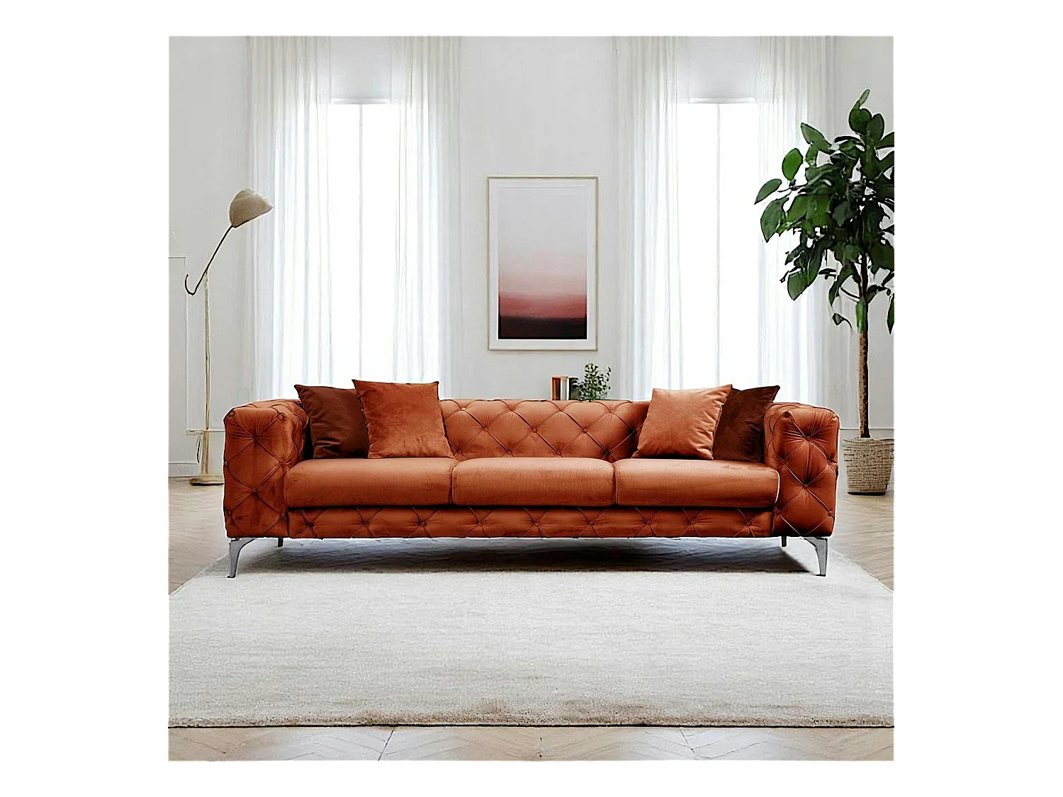 Canapé 3 places rouille en velours capitonné DOVER