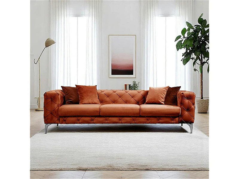 Canapé 3 places rouille en velours capitonné DOVER