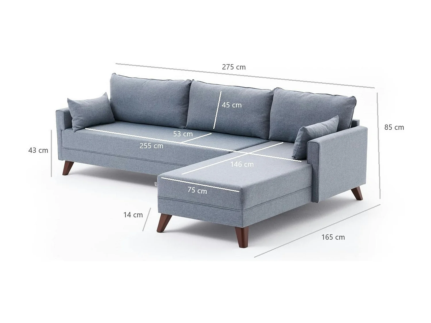 Canapé d'angle bleu gris - 275 cm, côté gauche SPLIT