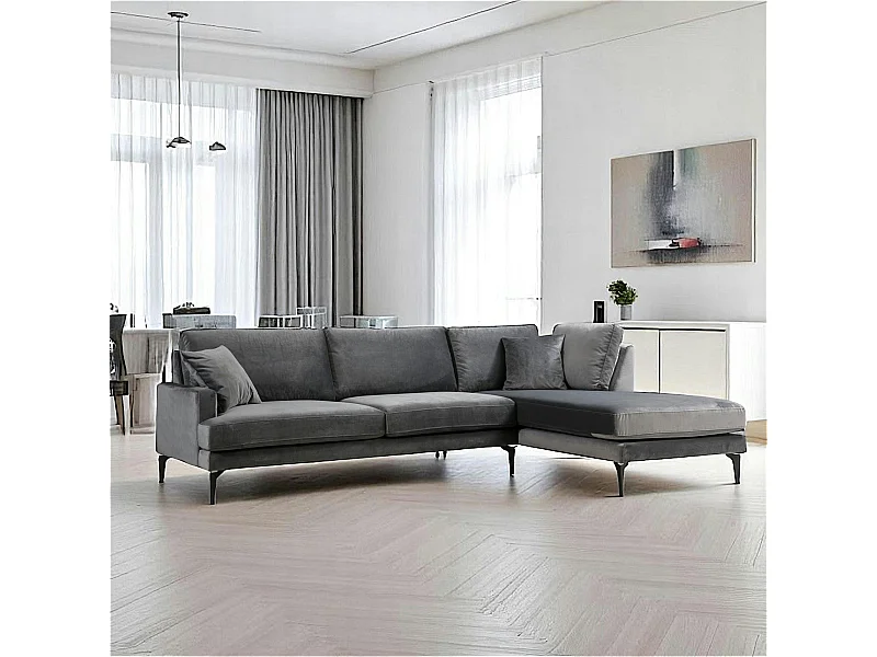 Canapé d'angle gris en velours - côté droit SEATTLE