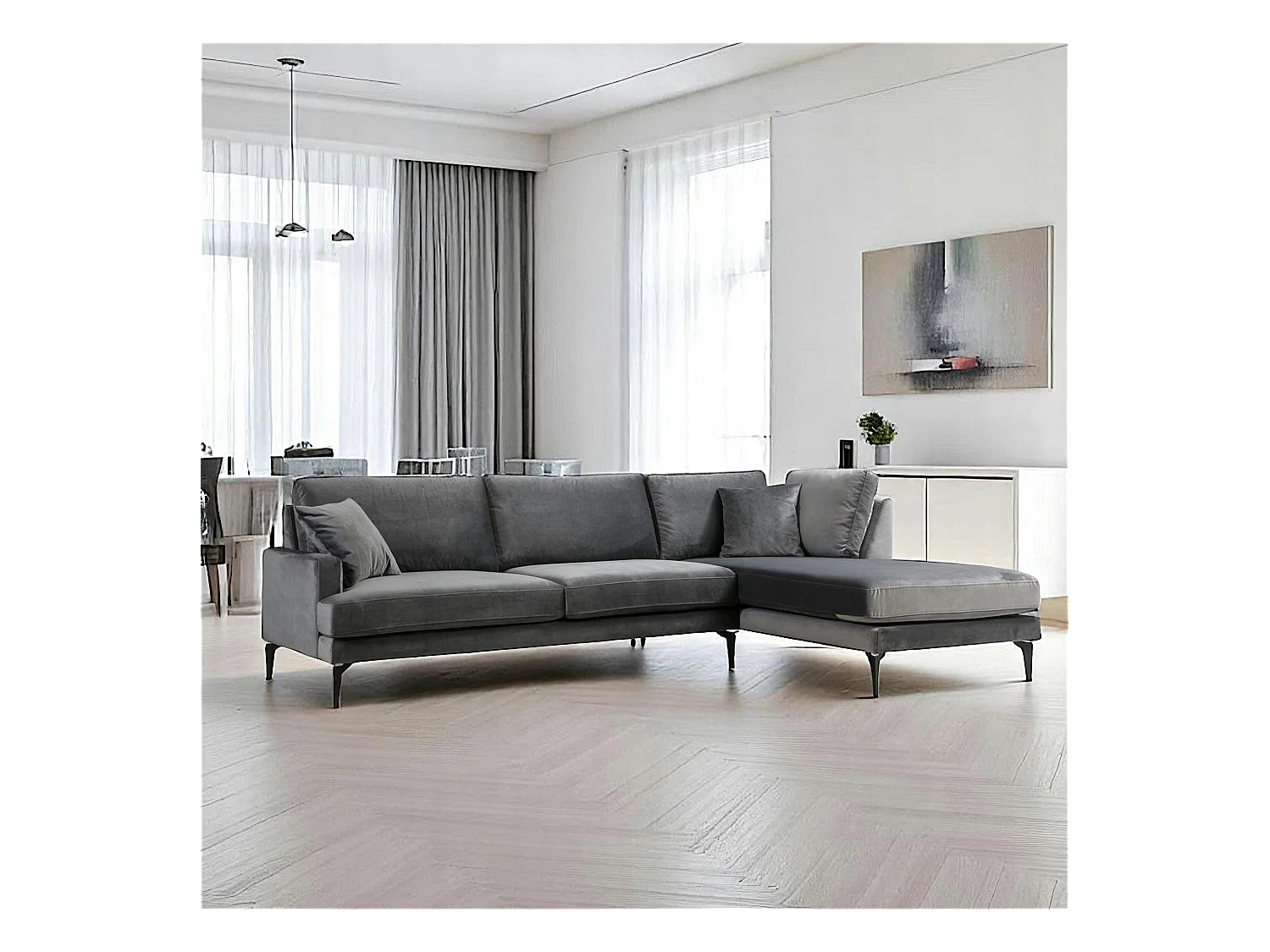 Canapé d'angle gris en velours - côté droit SEATTLE