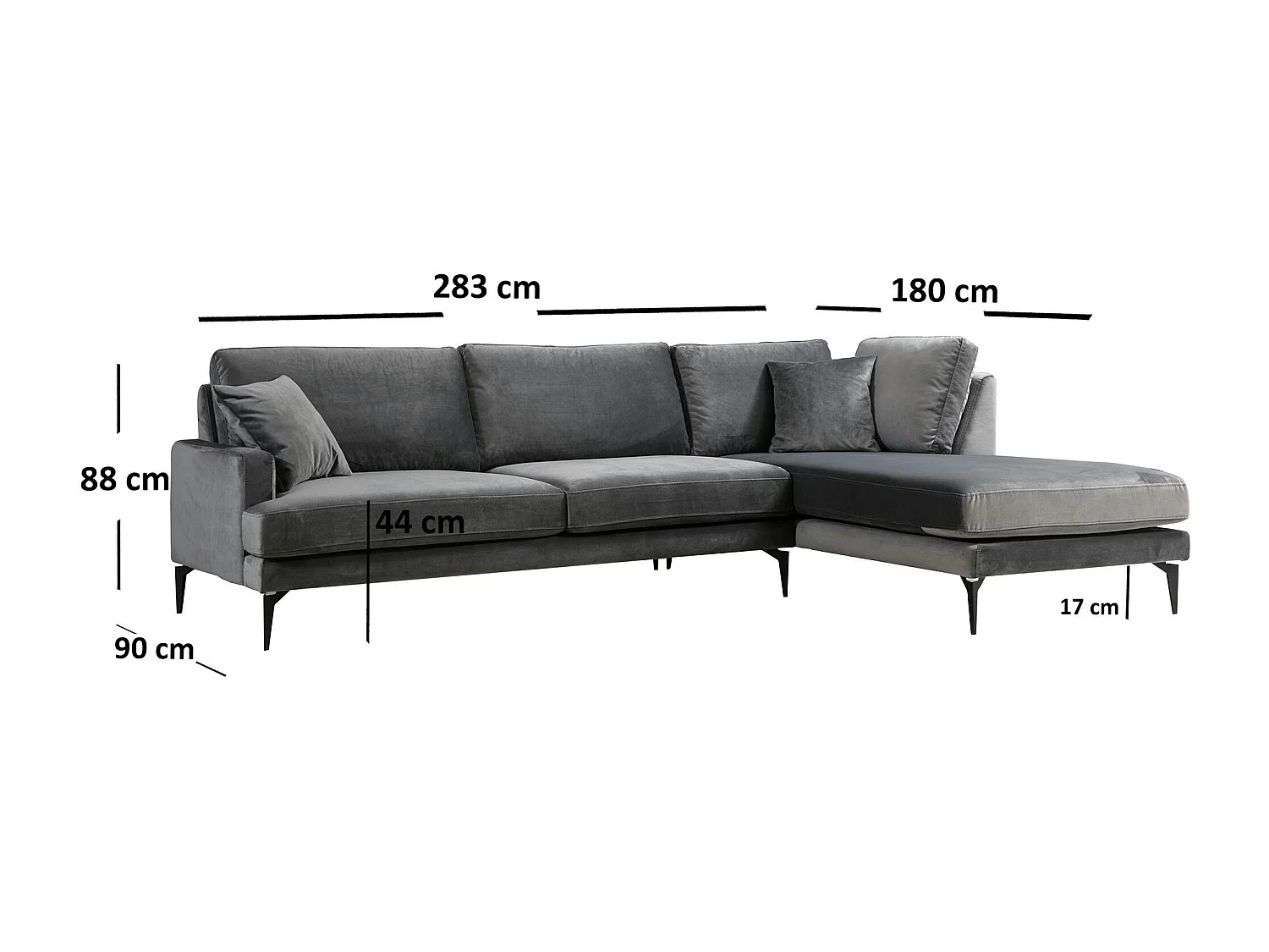 Canapé d'angle gris en velours - côté droit SEATTLE